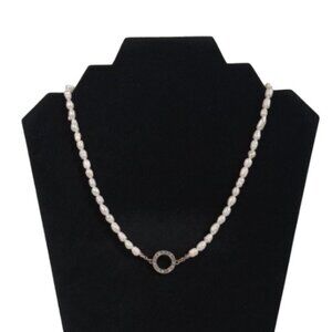 Natural White Pearl Beaded Rhinestone Encrusted Silver Circle Pendant Necklace